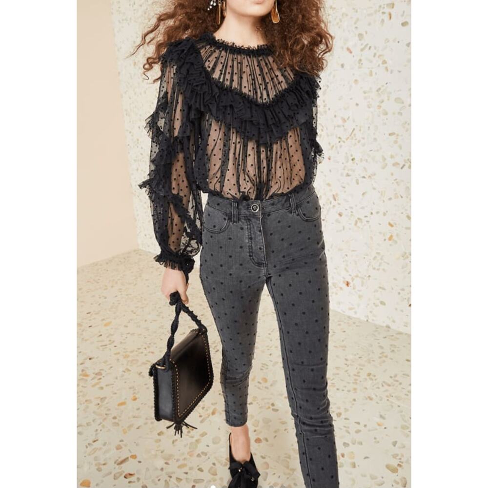 Ulla Johnson Black Sheer Ruffled Dot Blouse